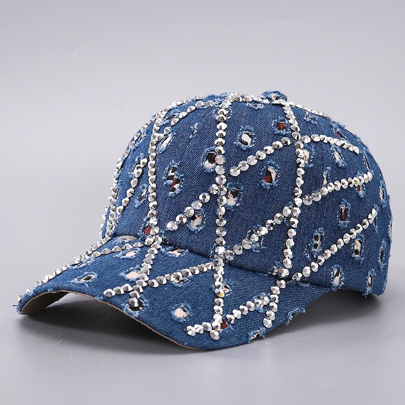 Fashion new hat women's hole-encrusted diamond denim baseball cap leopard print rhinestone fashion cap batch