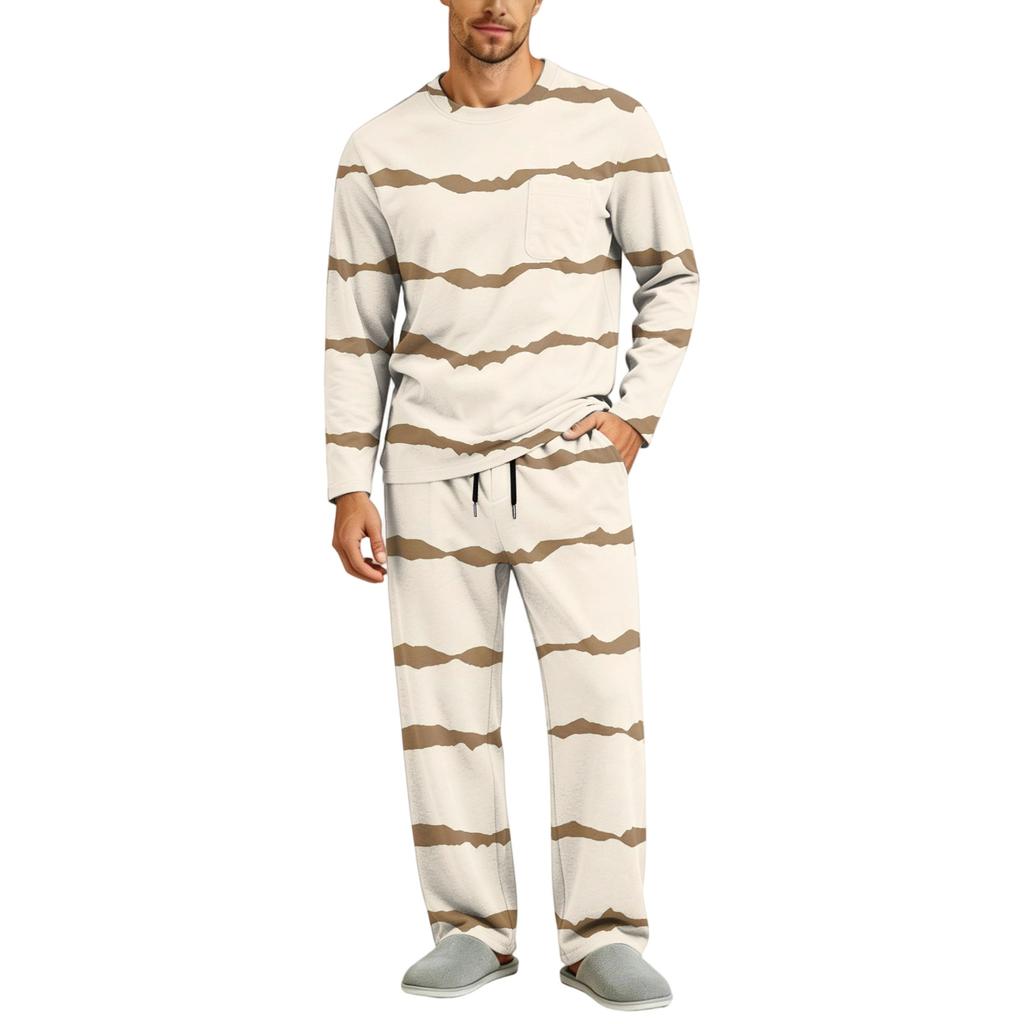 Men's Pajama Set Long Sleeve Top and Long Pants with Button Crotch and Elastic Drawstring Waist for Home Loungewear