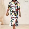 Women Plus Size Round Neck Batwing Sleeve Abstract Printed Ruffle Top Fishtail Skirt Two Piece Set