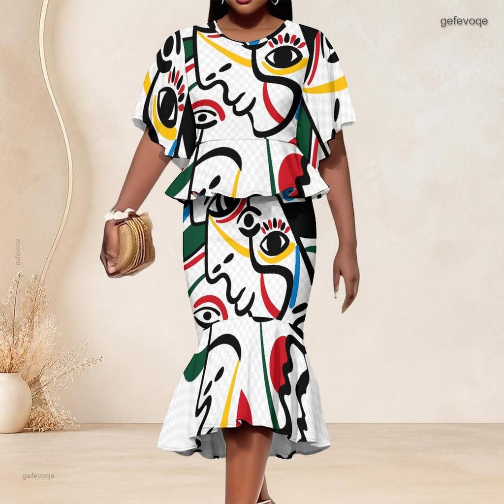 Women Plus Size Round Neck Batwing Sleeve Abstract Printed Ruffle Top Fishtail Skirt Two Piece Set