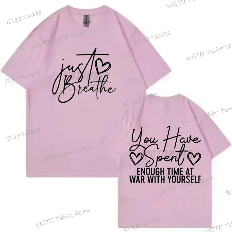 Just Breathe Heart Design T-shirt Inspirational Quotes Graphic Tee Trendy Mothers Day Gifts Positive Crewneck Short Sleeve Shirt