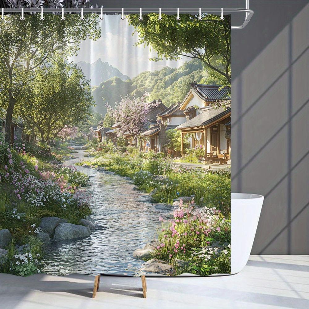 Japanese Village Stream Shower Curtain - Cherry Blossoms & Traditional Houses, Polyester, Tranquil Bath Decor with Vivid Imagery
