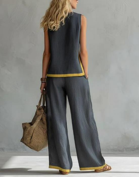 2026 Women's Spring/Summer Color Block Sleeveless Vest & Wide-Leg Pants Set