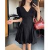 Plus Size Elegant Hollow Patchwork Black Dress, Short Sleeve, French Style, Waist-Cinching Slimming