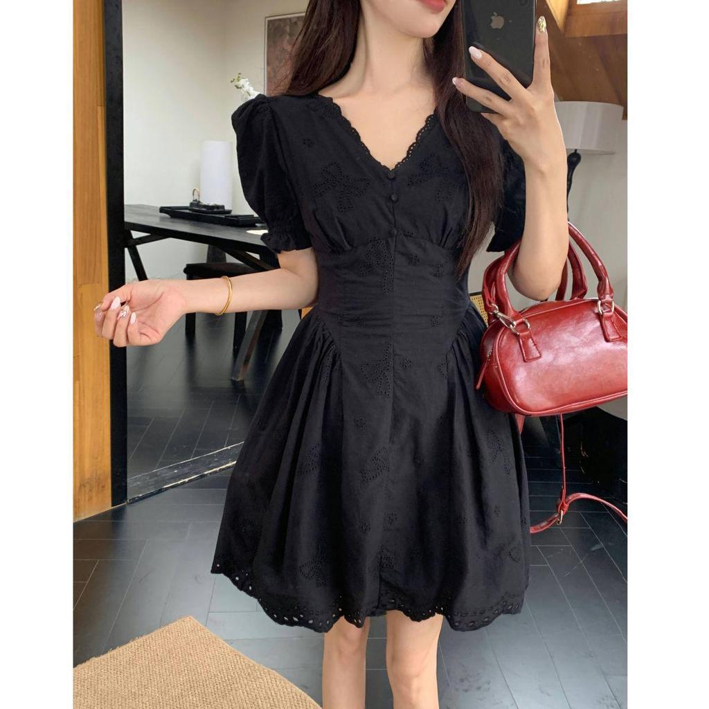 Plus Size Elegant Hollow Patchwork Black Dress, Short Sleeve, French Style, Waist-Cinching Slimming