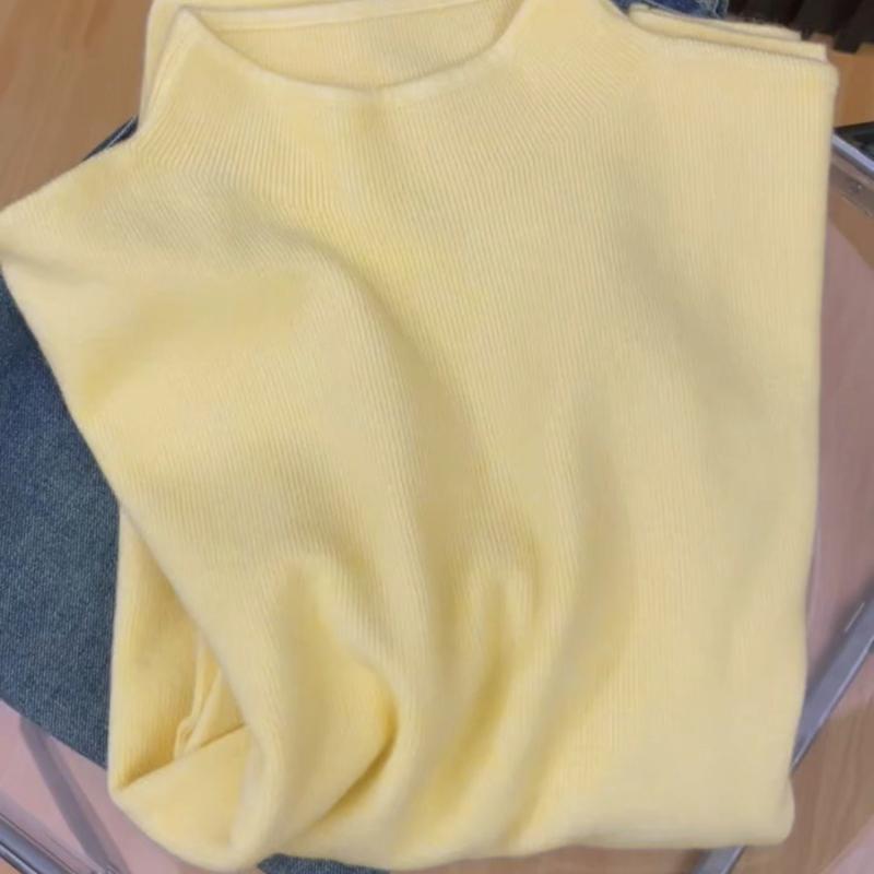 Cream Yellow Stand Collar Knit Sweater Women Spring Korean Versatile Long Sleeve Top Inner Wear Base Layer