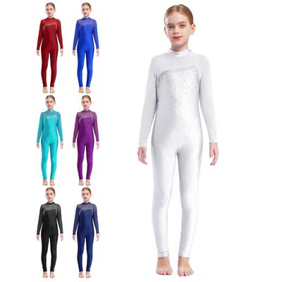 Kinder-Mädchen-Langarm-Einteiler, glänzender Strass-Ganzanzug, Ganzkörper-Tanztrikot, Bodysusit