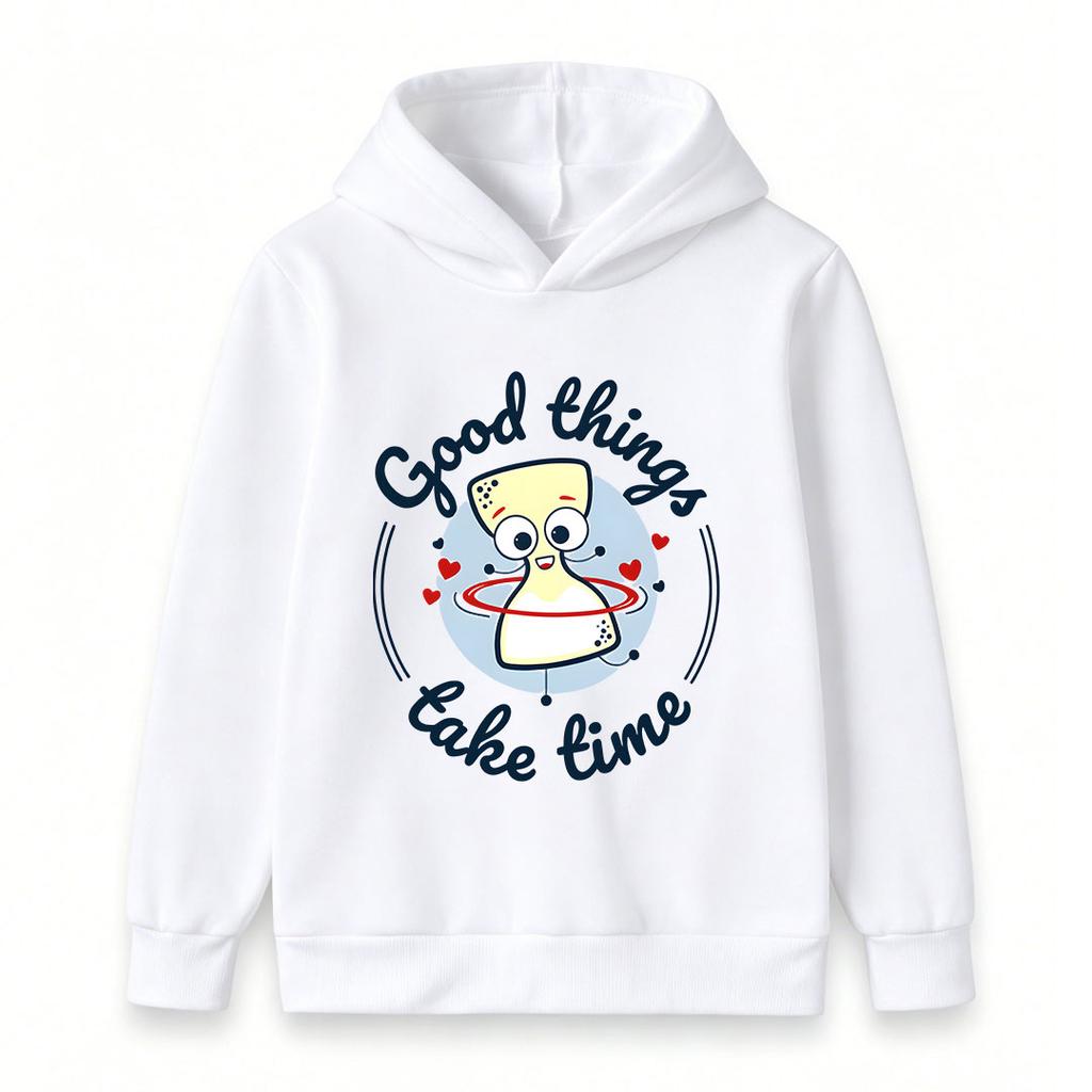 Kids Boys Girls Cute Screw Cartoon Graphic Hoodie, Good Things Take Time Print Casual Long Sleeve Pullover Sweatshirt for Children Daily Wear