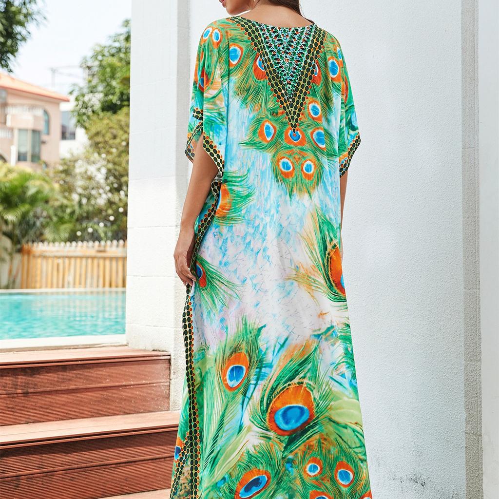 Women's Fashion Vacation Summer Spring Peacock Pattern Print 1/2 Sleeves V-Neck Casual Dresses