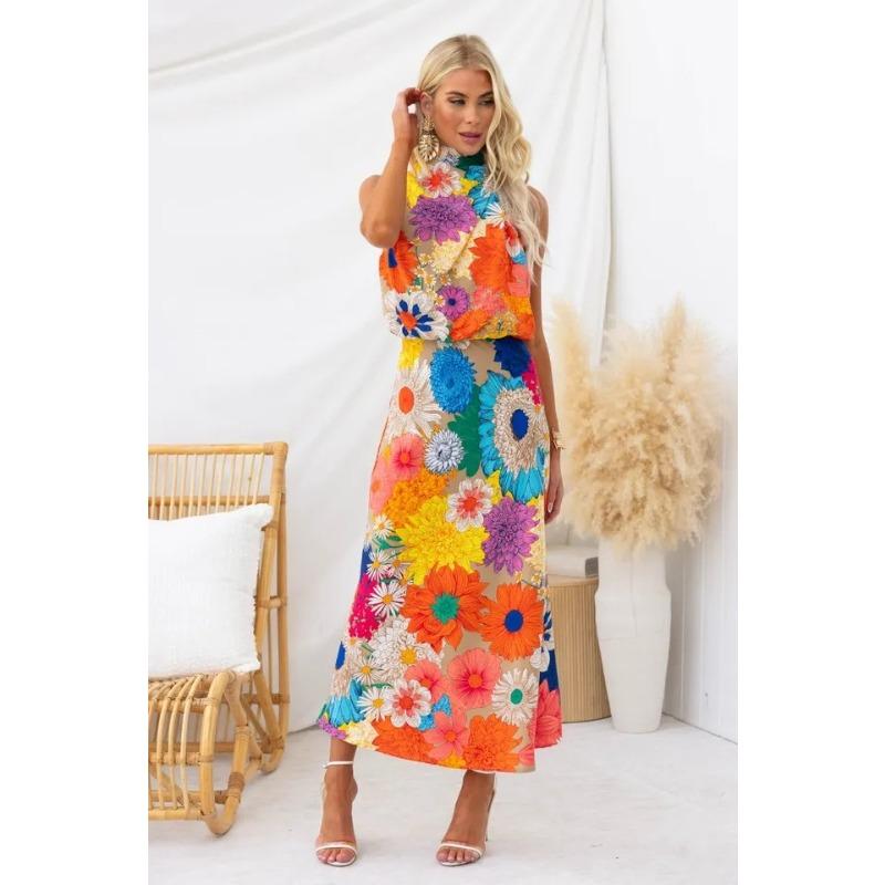 

VEZFAA Женская мода лето весна цветочный узор принт без рукавов с высоким воротом и высокой талией повседневные платья M