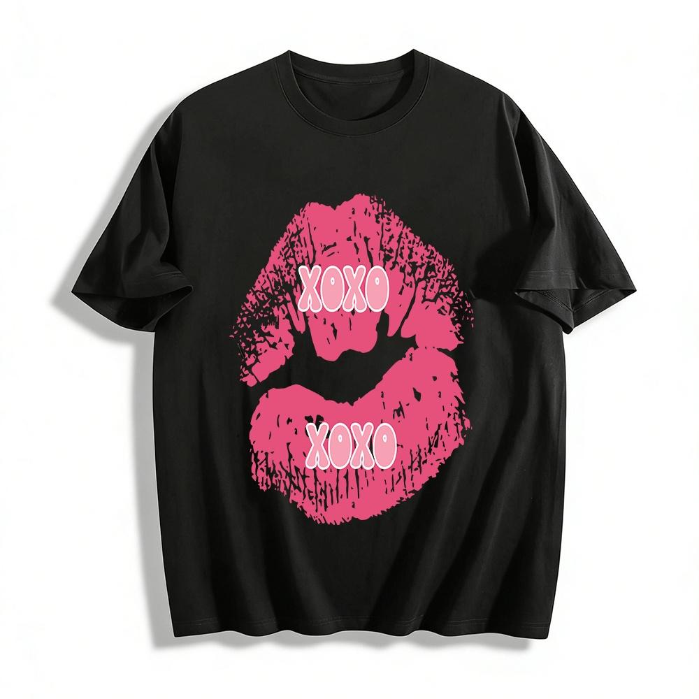 

XOXO Lip Print Casual Tshirt Trendy Loose Top For Couples Pure cotton T-shirt XXS