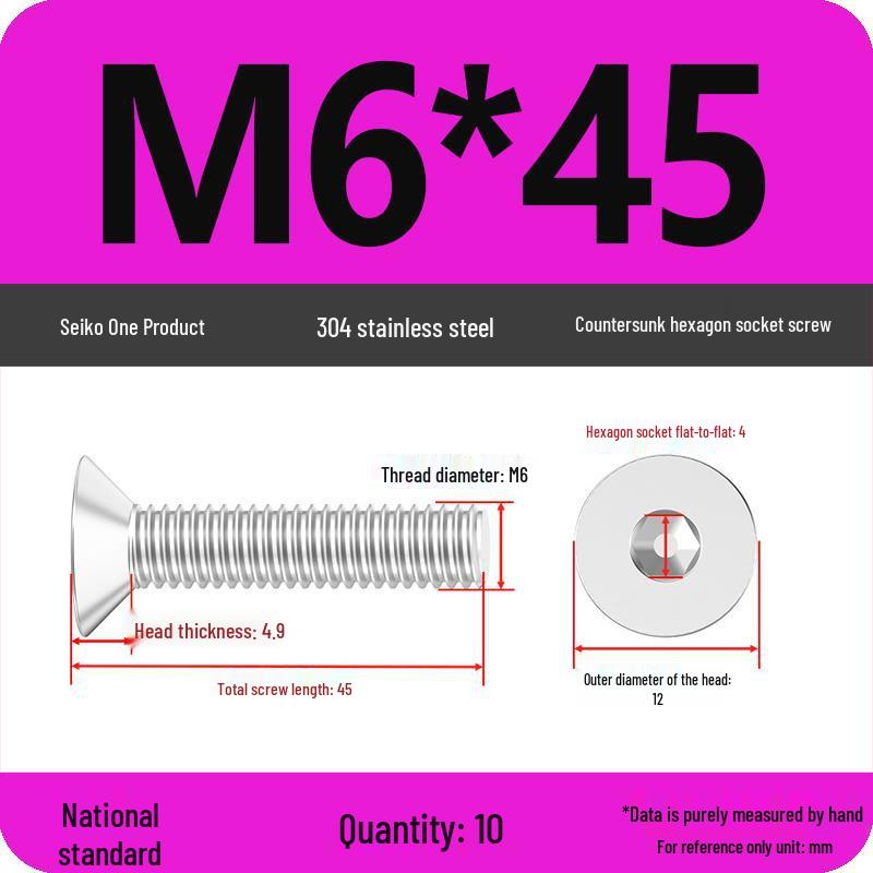 M2-M10 Stainless Steel Flat Head Machine Screws and Bolts Set, Countersunk Hex Socket Cap, 304 Grade.