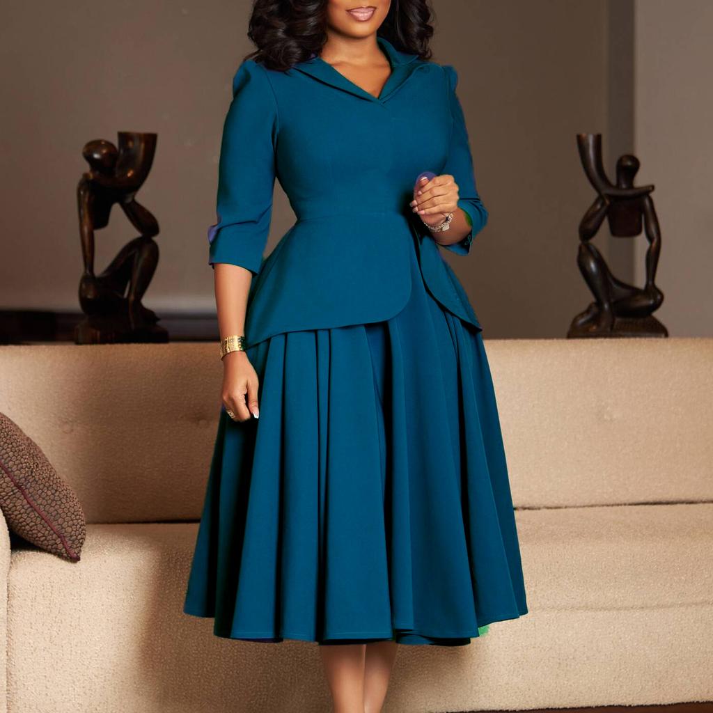 Women's Autumn Fashion Three-quarter Sleeve Suit-style Collar Solid-color Wide Skirt Large-sized Dress for Adults