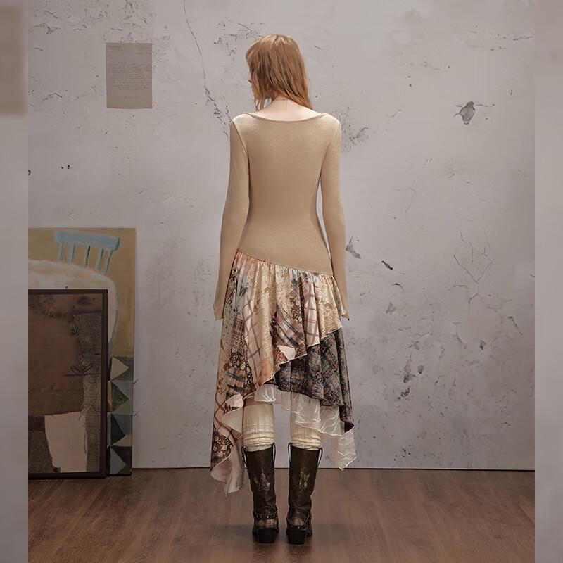 UNIFREE 2025 Fall Retro Print Patchwork Long Dress