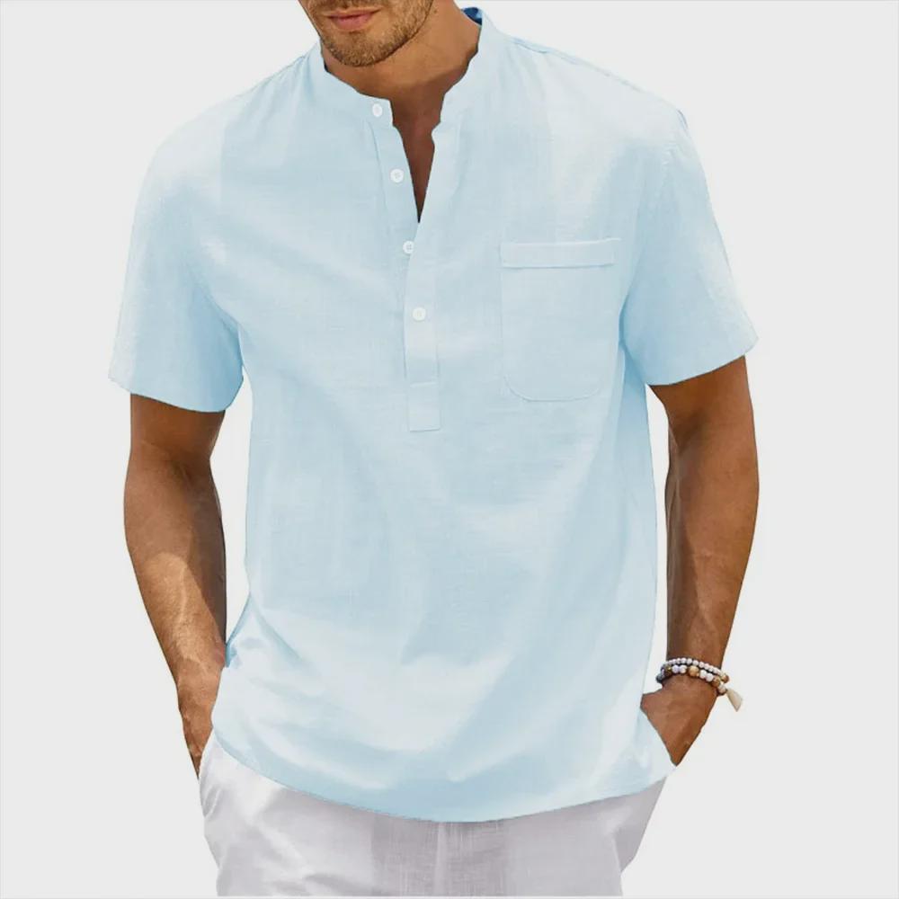 

Men s Summer Cotton-Linen Stand Collar Short Sleeve Pullover Small небо синє кольору