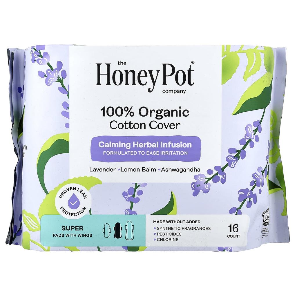 The Honey Pot Company Organic Calming Herbal Infusion, Winged Pads, Super, 16-Count