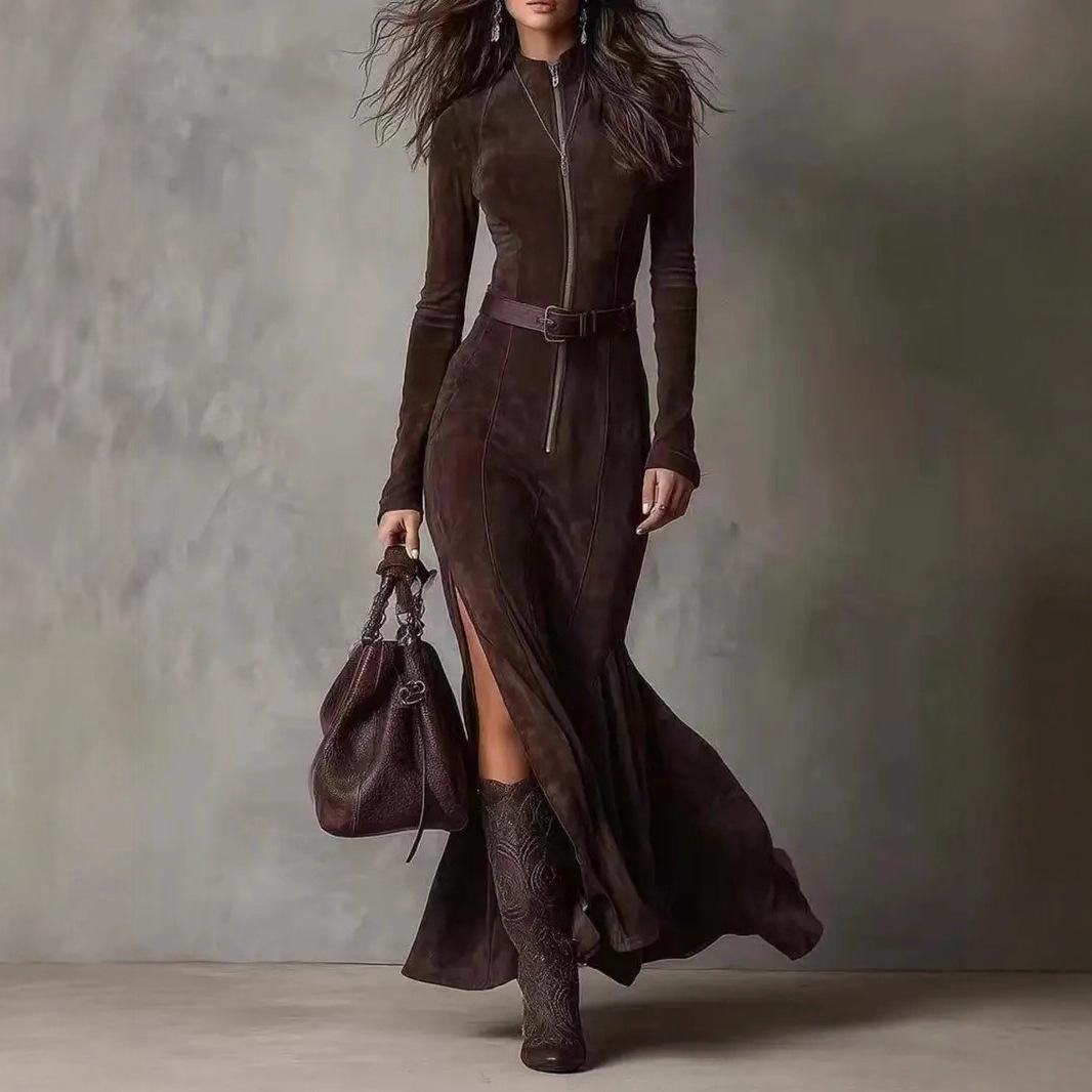 2025 Autumn/Winter Women s Elegant Double-Sided Zipper Stand-Up Collar Dress L темно-коричневого