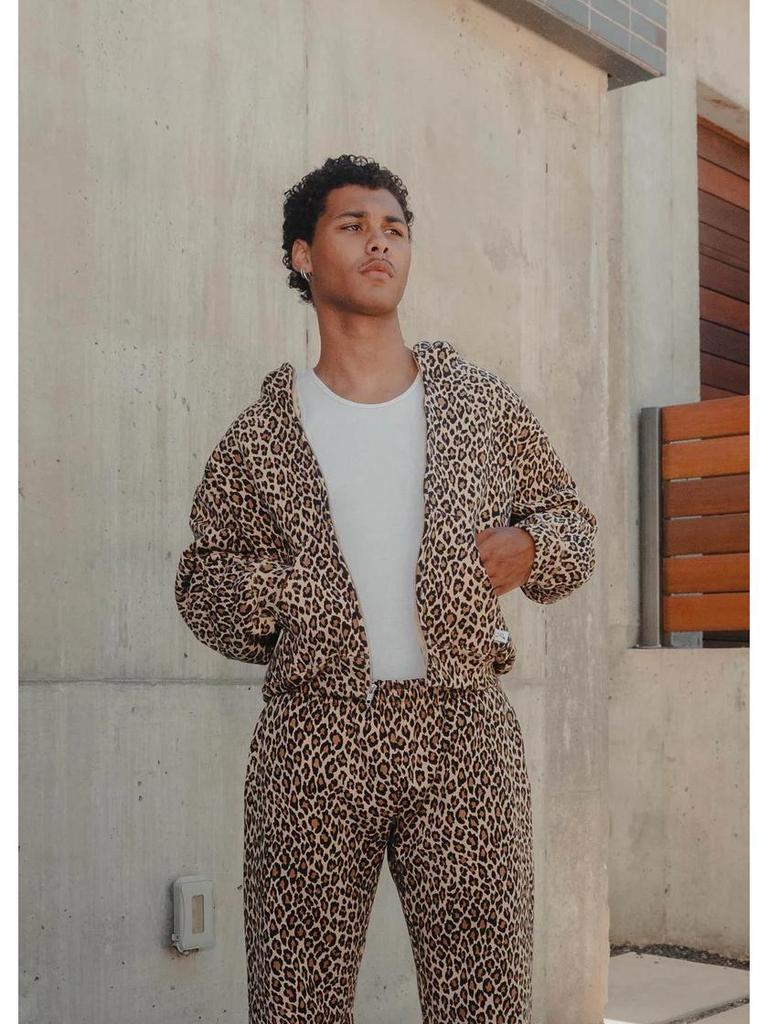 Retro Leopard Print Hooded Sweatshirt: Men's Hip Hop Zip-Up Pullover Sportswear
