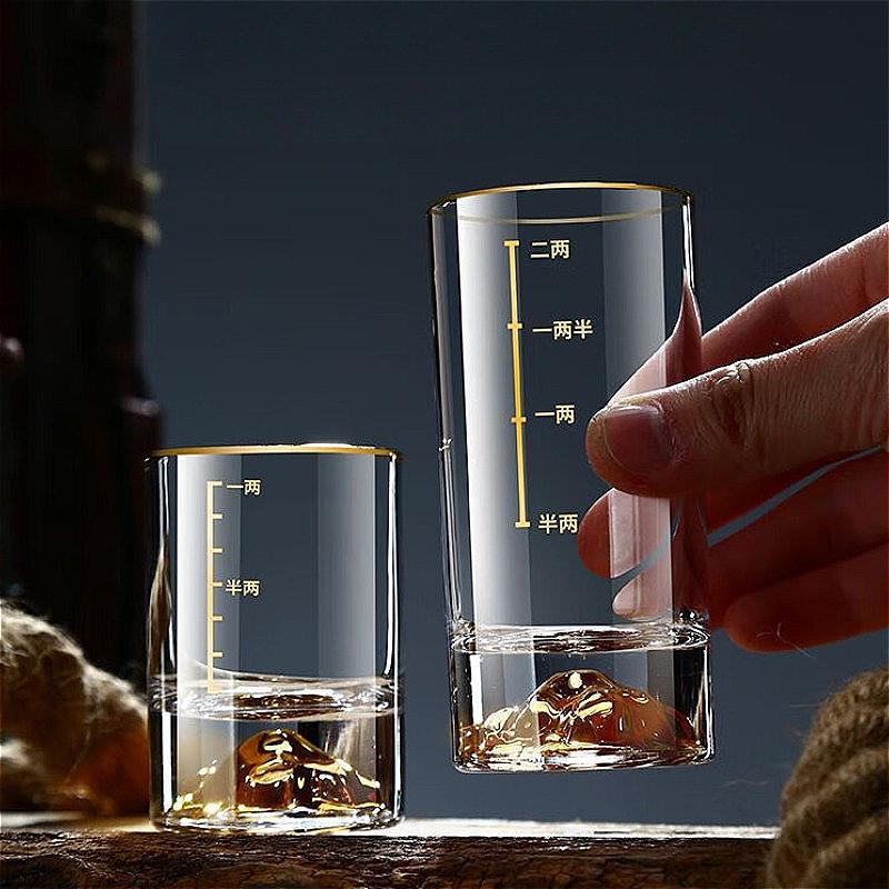 2pcs Sets Luxury Cocktail Glass Crystal Gold Foil Glass Cup Golden Mountain Shaped Wine Glass 50ml/100ml High End Spirits Cup