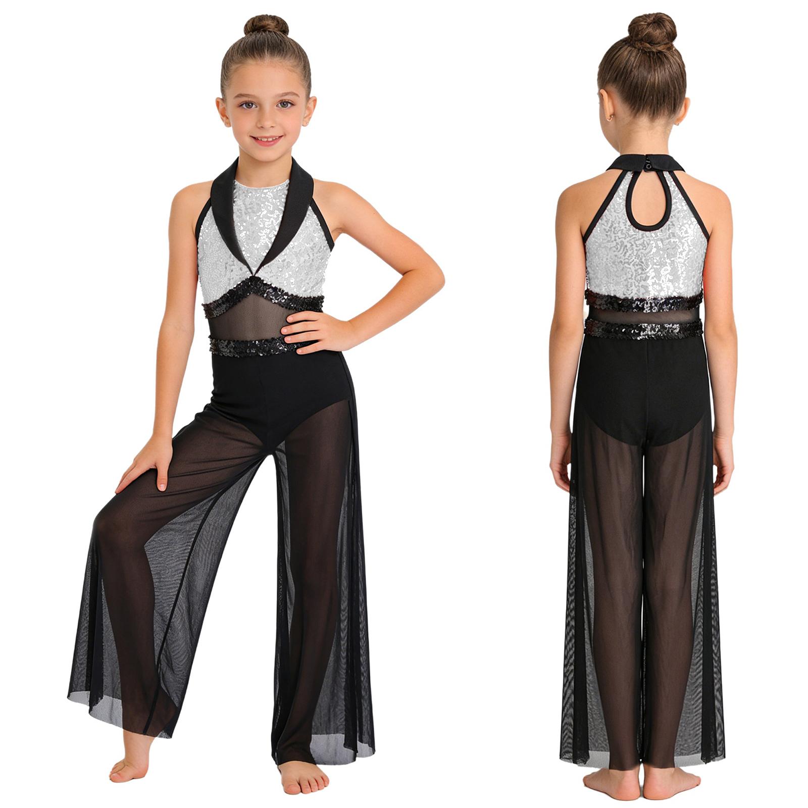 

Kids Stage Performance Bodysuit Sleeveless Keyhole Back Wide Leg Pants Color Block Sequin Patchwork Mesh Jumpsuit Built-in Shorts 5-6 Years білий