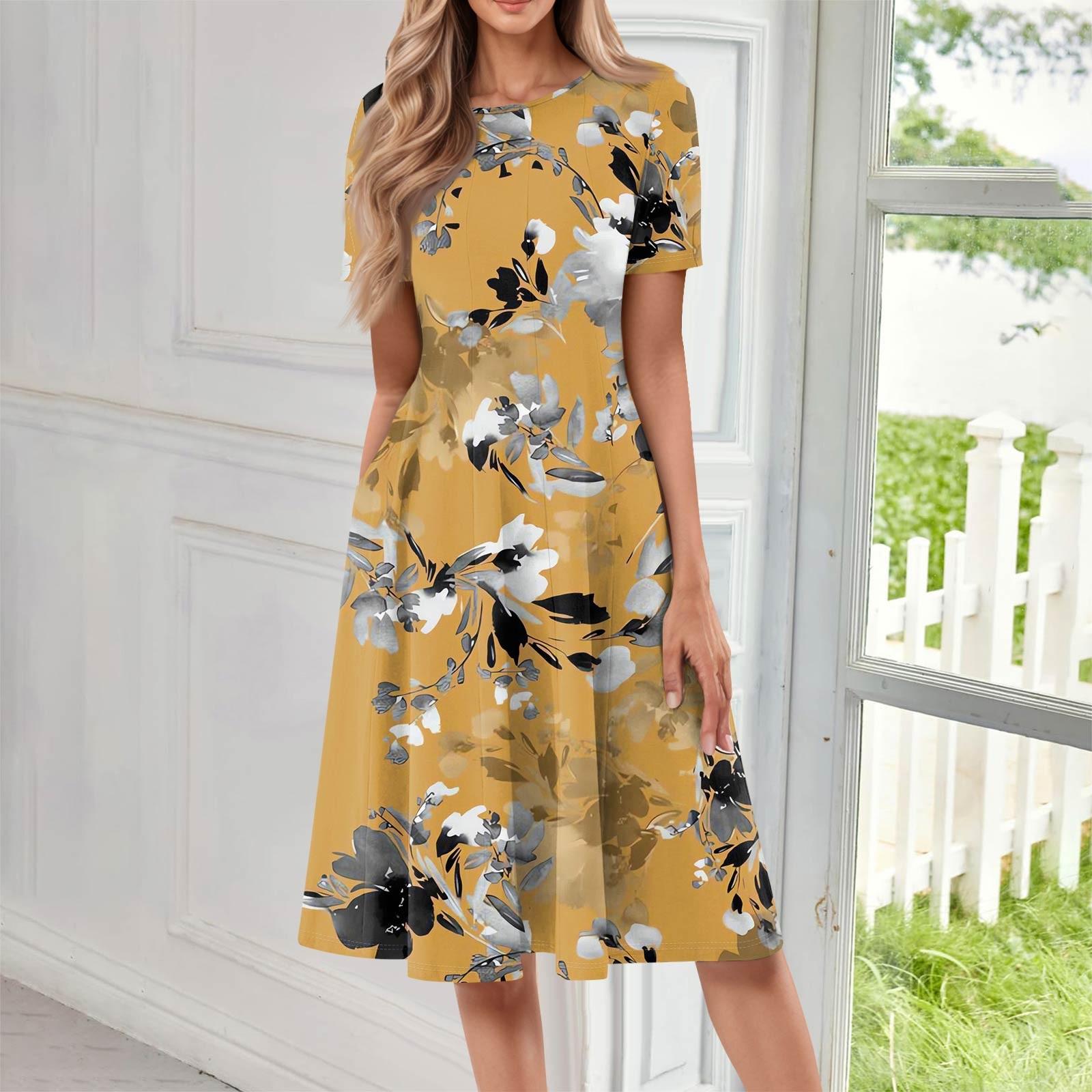 Women s Casual Fashion Round Neck Short Sleeve Floral Printed Midi Dresses S