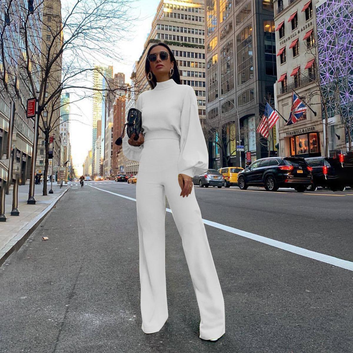 

Autumn Fall Elegant Sexy Rompers Women Long Sleeve Casual Wide Legs Jumpsuits Solid Overalls XL білий
