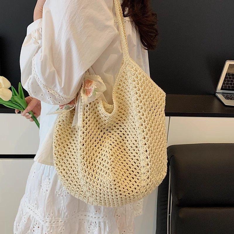 Women's Large Casual Hollow Straw Shoulder Bag, Beach Style Handbag