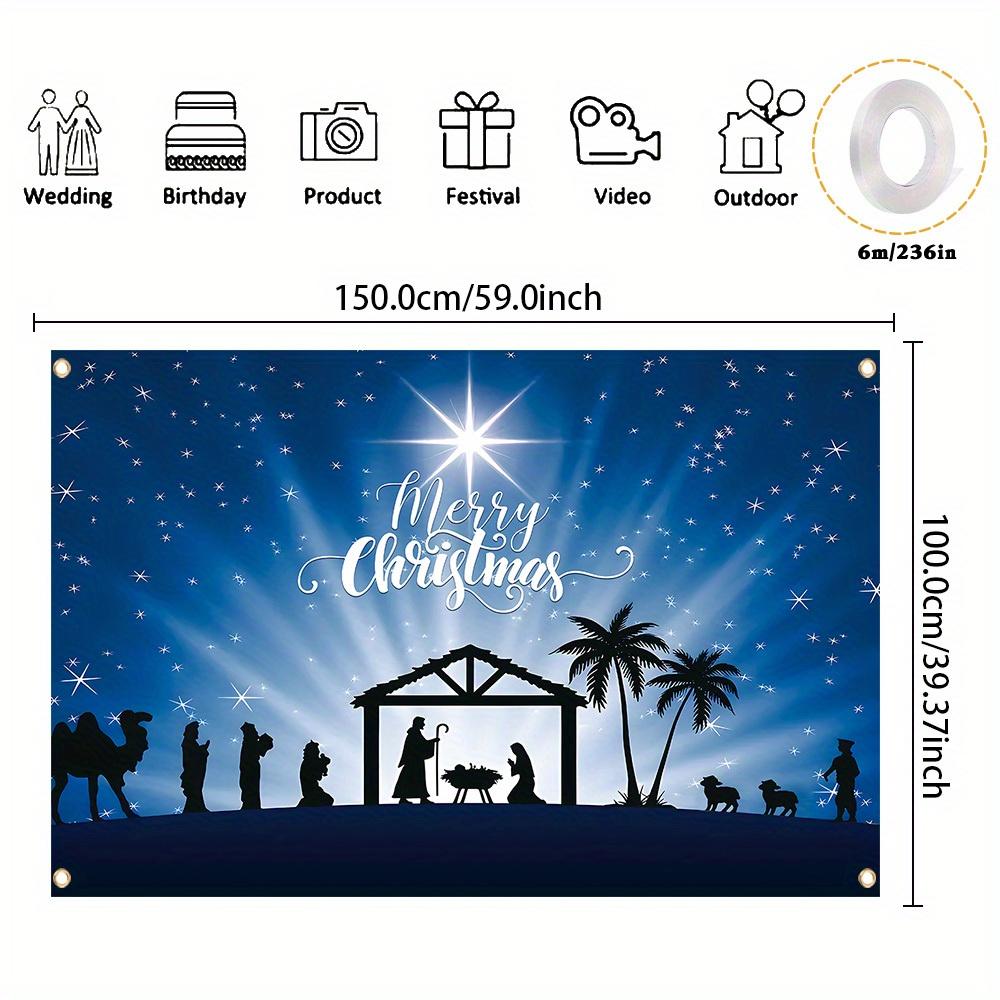 1pc Merry Christmas Nativity Scene Polyester Banner Starry Blue Night Sky Design Winter Holiday Party and Home Wall Decoration