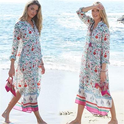 European & American Chiffon Print Beach Robe - Plus Size Bikini Cover-Up & Sun Protection Dress for Women