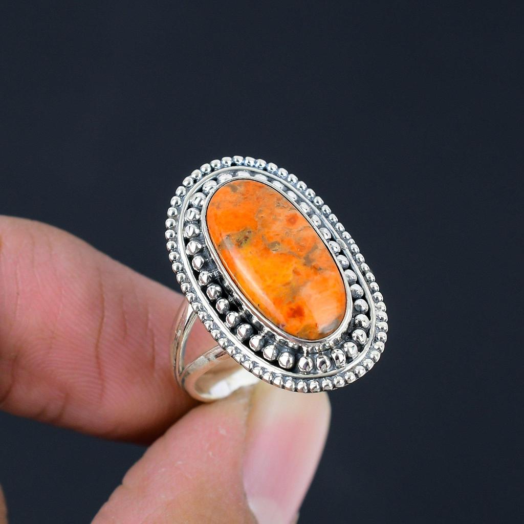 Orangefarbener Kupfer-Türkis-Edelstein-Ring aus massivem 925er-Sterlingsilber, ovaler Edelstein, handgefertigter Statement-Ring für Frauen und Mädchen