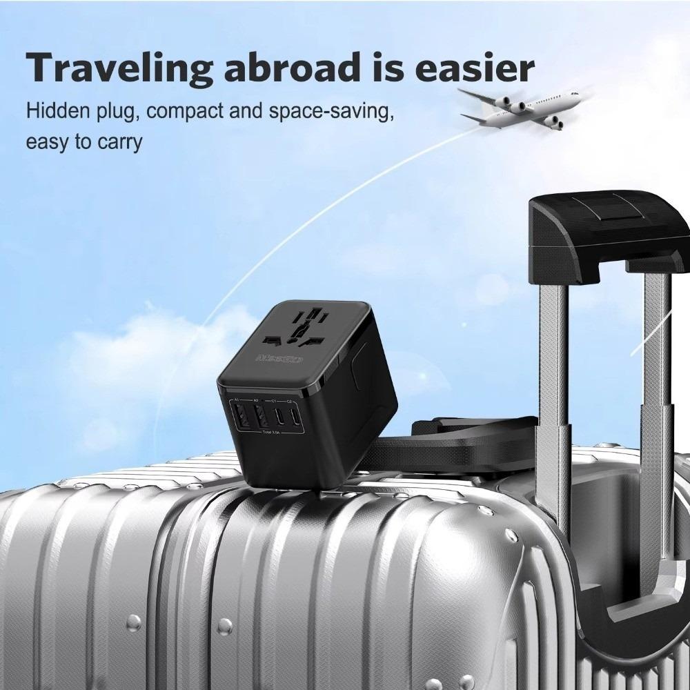 GaN Universal Travel Adapter High Speed Compact Multi-Port Charging Station 2 Type-C 2 USB Ports Self-Resetting Fuse