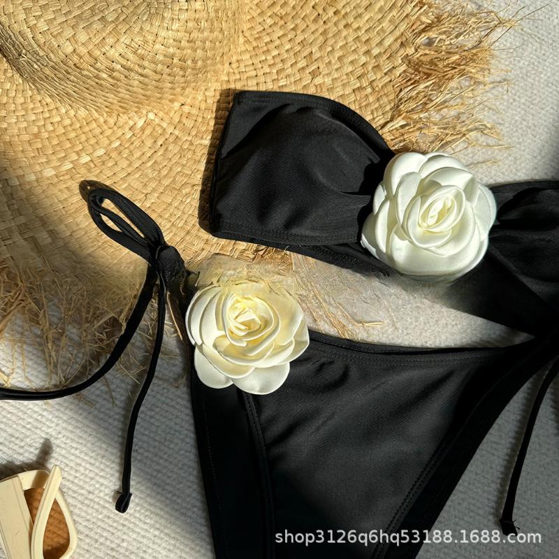 Sexy 3D Flower Strapless Bandeau Bikini Women Swimwear Female Swimsuit Two-pieces Bikini Set High Cut Bathing Suit Swim Lady