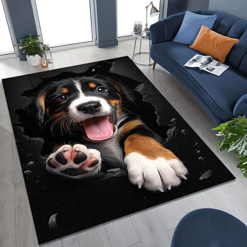 Tapete Fofo Cão Filhote Quebrando a Parede Ilusão 3D para Quarto Sala de Estar Sofá Casa Capacho Decoração, Tapete Grande Antiderrapante para Brincar de Crianças