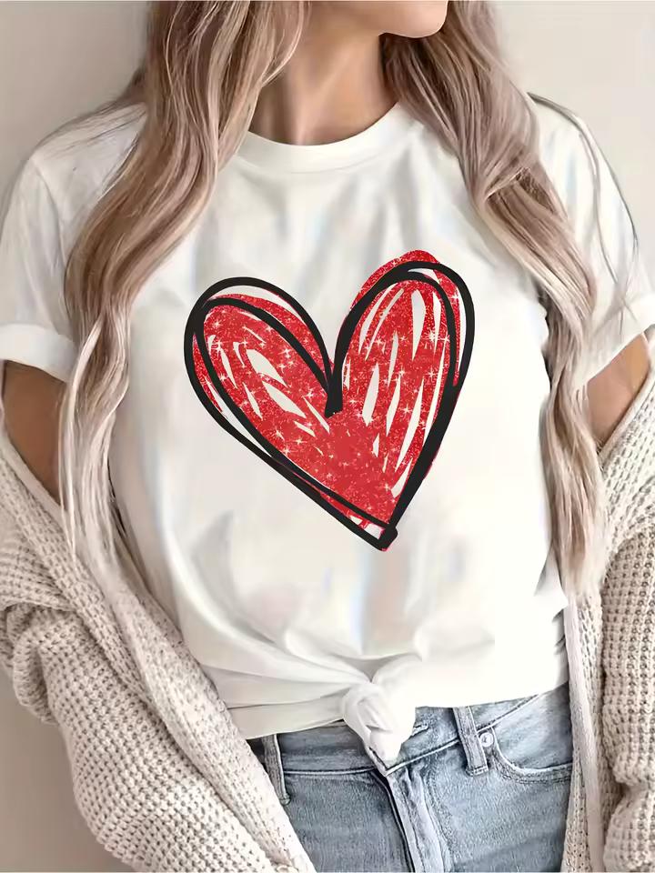 Women's Red Heart Print Tee Casual Round Neck Short Sleeve Unique Design New Summer Comfortable Aesthetic Cheap Women's Clothing