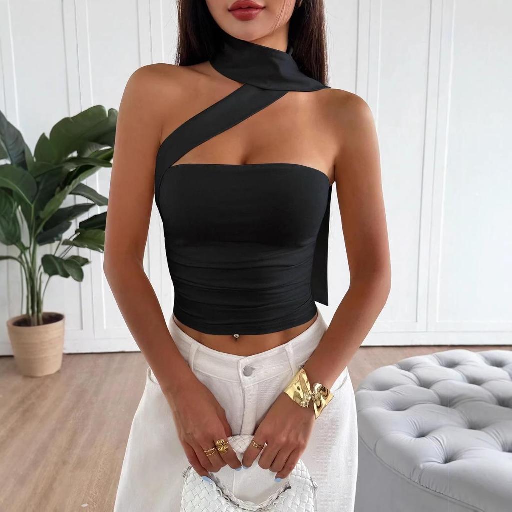 Spicy Girl Halterneck Strappy Bandeau Top - Sexy Backless Ruched Cropped Layer