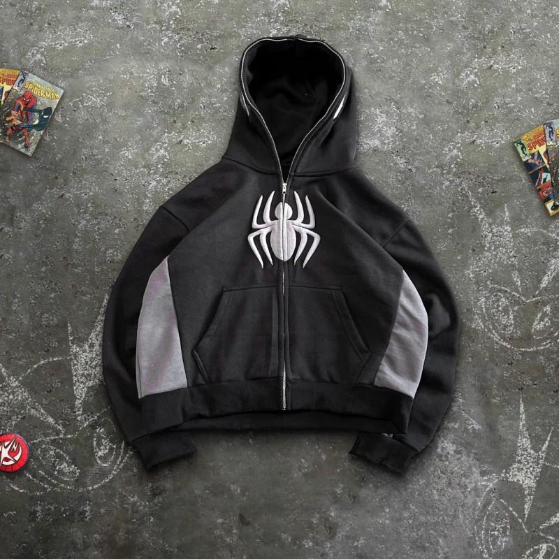 Y2K Spider Print Hooded Zip-Up Sweatshirt Unisex Dark Streetwear Oversized Fit Fall Winter