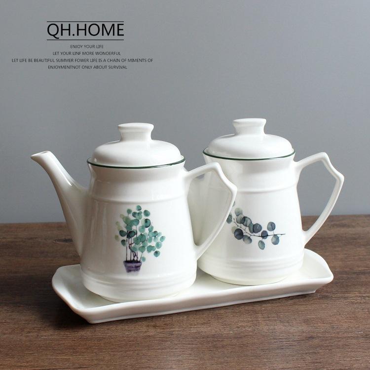 

Nordic Creative Plant Ceramic Oil Bottle Seasoning Jar Set Restaurant Household Vinegar Bottle Porcelain Kitchen Cooking Tools