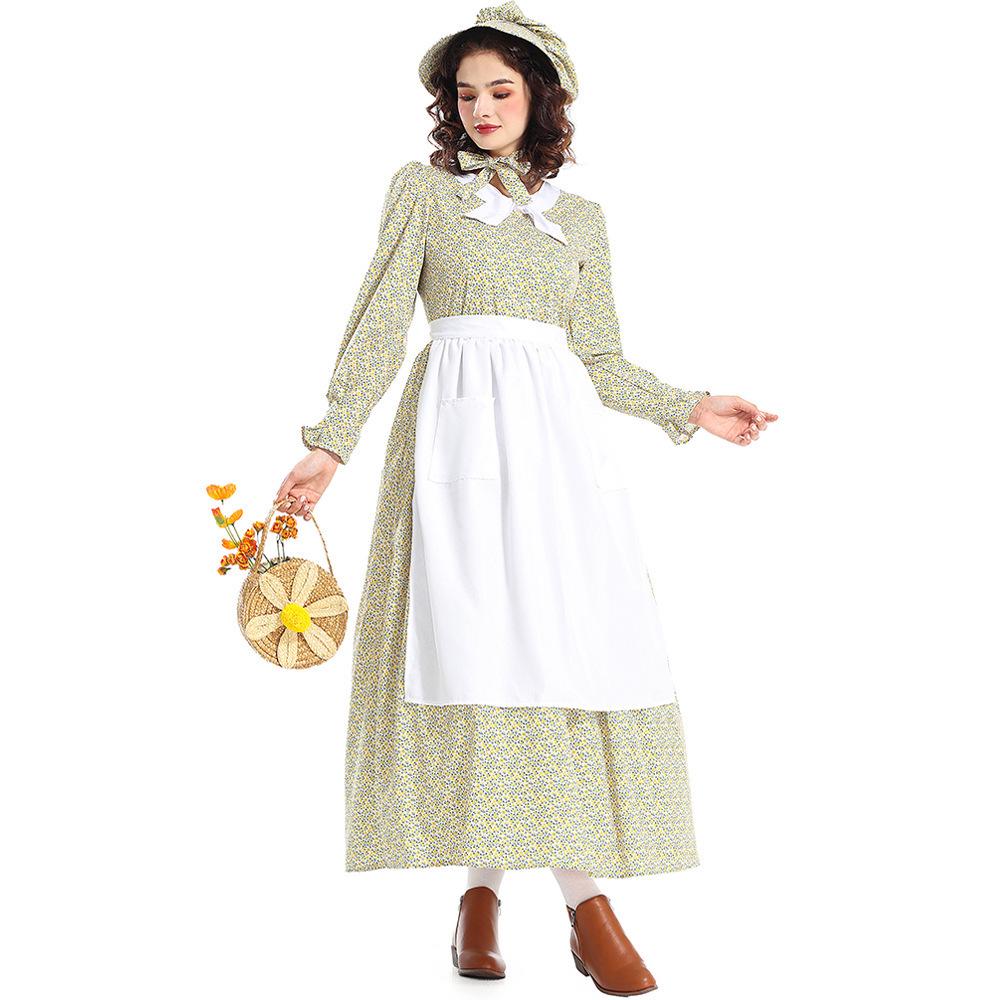 Prairie Colony Geel Bloemig Pionierskostuum Jurk met Schort voor Halloween