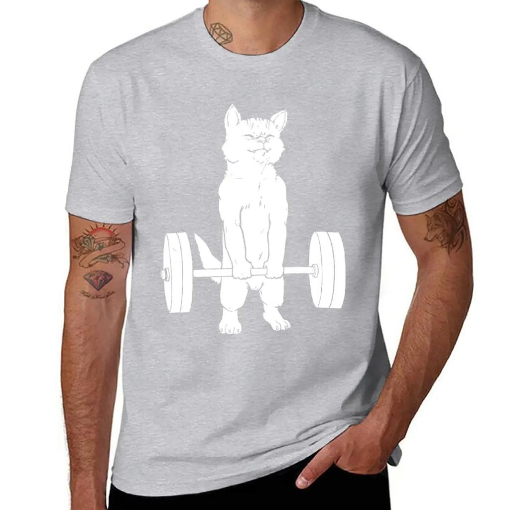 Gewichtheben Katze Kreuzheben Heben T-Shirt ästhetische Kleidung Sommer Oberteile Sportfans schlichte weiße T-Shirts Herren
