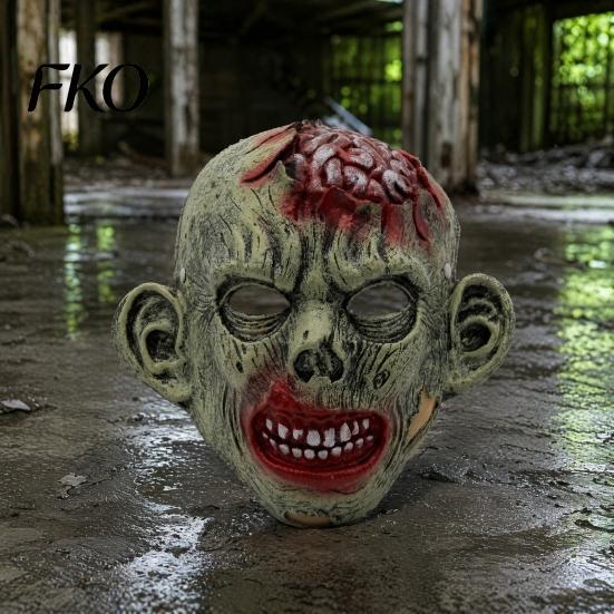 Creepy Flesh Texture Mask Halloween Green Zombie Mask, Realistic Full Face with Simulated Blood Horror Prop Damaged And for Scary Party Cosplay Props