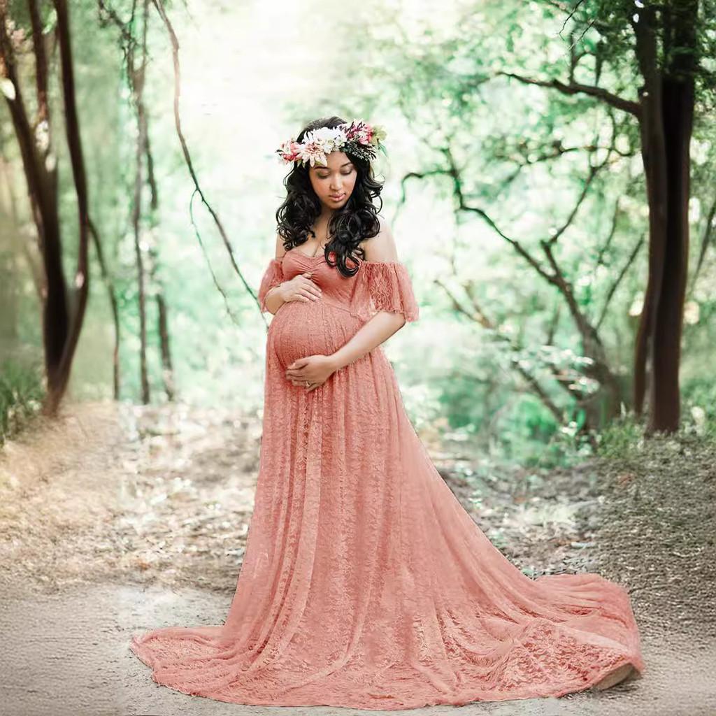 Lace Maternity Dress With Flared Sleeves For Summer Pregnant Women