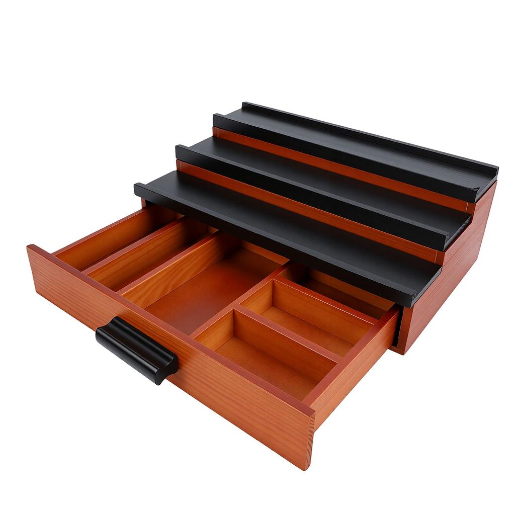 3 Tier Wooden Cologne Stand with Drawer Concealed Compartment Pure Pine Wood Cologne Display Shelf Black Walnut