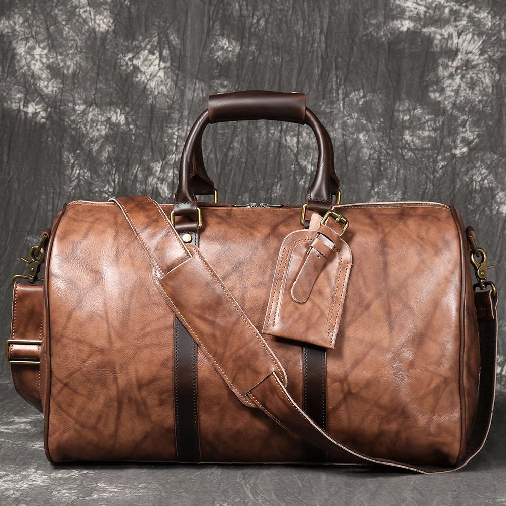 Retro Men S Genuine Leather Portable Travel Bag, Cowhide Business Travel Bag, Large Capacity Shoulder Crossbody Fitness