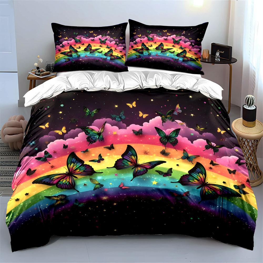 "Vibrant Butterflies and Rainbow Dcor" kid's and adults' bedroom decor Exquisite three-piece bedding set gift