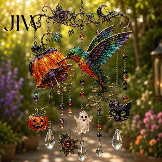 Whimsical Bat And Black Cat Decor Halloween Acrylic Wind Chime Pendant, Crystal Suncatcher Hanging Ornaments, Decorative Handcrafted Spooky
