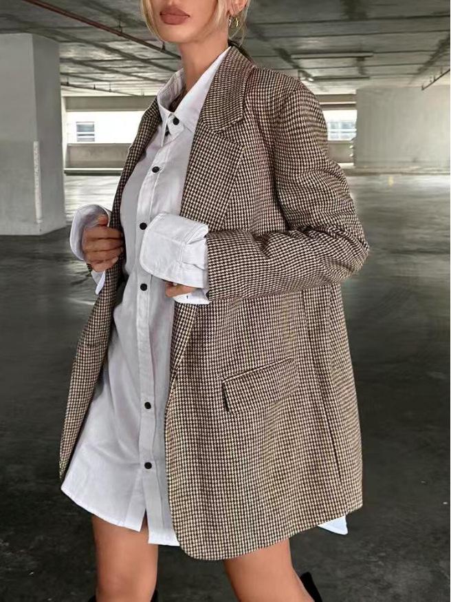 2025 European Cross-border Houndstooth Street Style Loose Retro Plaid Coat.