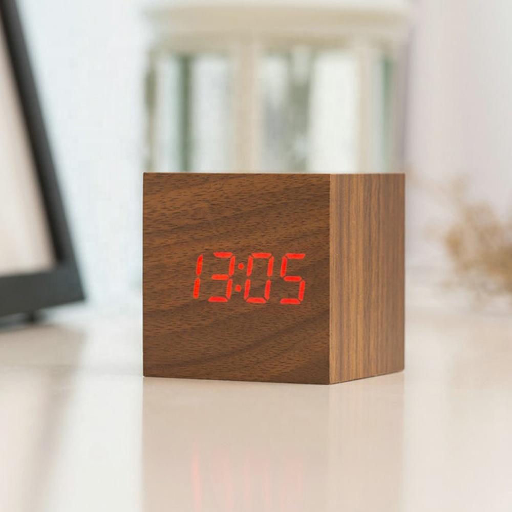2022 Tabletop Temperature Time Display Electronic Wooden LED Digital Pixel Wireless Alarm Table Clock with Sound Control