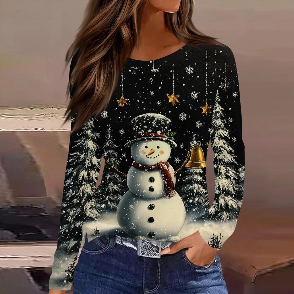 Women's Fashion Casual Slit Hem Round Neck Long Sleeve Loose Christmas Printed T-Shirt Ladies Top