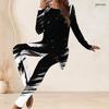 Women Plus Size Black White Printed Round Neck Long Sleeve Longline Top Fitted Pants Two Piece Set