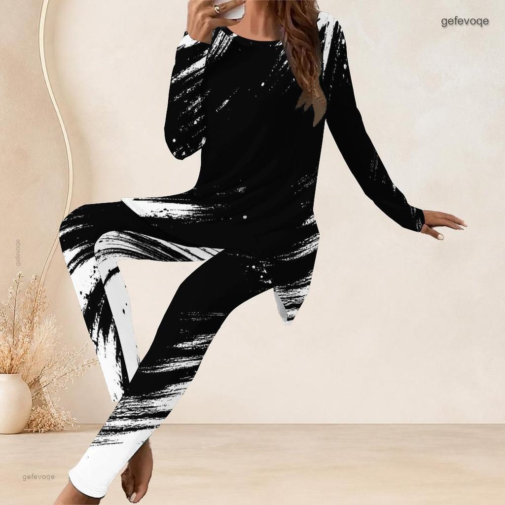 Women Plus Size Black White Printed Round Neck Long Sleeve Longline Top Fitted Pants Two Piece Set